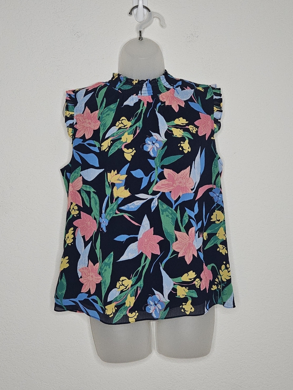 J.Crew Floral Sleeveless Blouse Ruffle Mockneck Navy Multicolor Top Size 6